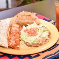 Combination Plate · Chunky beef burrito, bean and cheese tostada, chicken enchilada, and ground beef corn taco. ...
