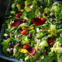 Greek Salad (Party Size) · Serves up to fifteen people. Lettuce, feta, beets, grape tomatoes, Greek olives, red onions,...