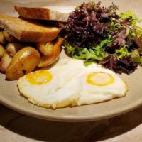 Toast & Eggs · Vegetarian. Two farm eggs any style - toast and jam roasted fingerling potatoes - dressed fa...