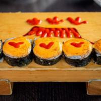 Volcano · Hot & Spicy. Unagi, smoked salmon, cream cheese, avocado topped with spicy mayo and oven-bak...
