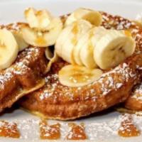 Cinnamon Swirl · Topped with fresh bananas, then drizzled with salted caramel sauce and dusted with powdered ...