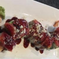 Red Dragon Roll · Shrimp tempura, spicy crab, jalapeño and cucumber, topped with spicy tuna, avocado, temp. Fl...