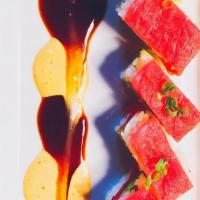 Spicy Tuna 'Osaka Style' · Sashimi tuna, stacked with avocado, scallions and sushi rice. Side of spicy mayo and eel sau...