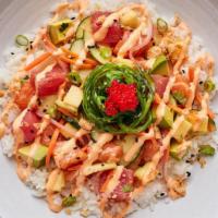 Rainbow Bowl · Ahi Tuna, Salmon, Avocado, Cucumber, Carrot, Pineapple, Cilantro, Red Onion, Crispy Garlic, ...