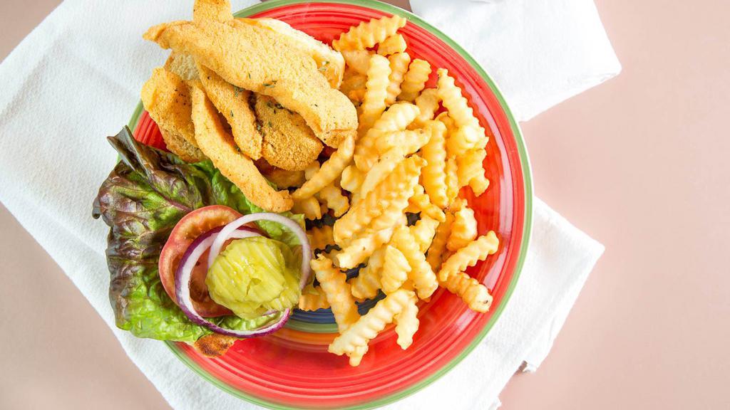 Comeback Fish Sandwich · Served with lettuce, tomatoes, pickles, onions.