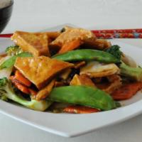 Family Style Tofu · Crispy tofu, baby corn, bamboo shoots, broccoli, carrots, napa, mushrooms, water chestnuts a...
