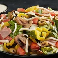 Chef Salad · Loaded with pepperoni, ham, provolone, mushrooms, tomato, green pepper, onion, green olive, ...