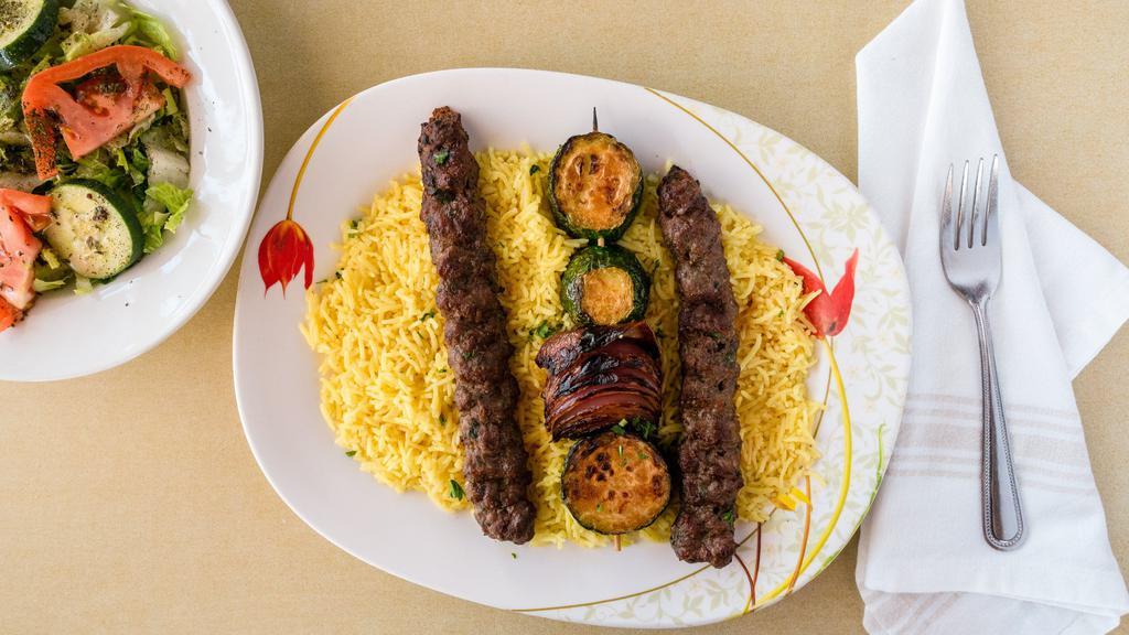 Kufta Kabob · Charbroiled angus ground beef (twelve oz.) mixed with mediterranean spices. Served with grilled vegetables.
