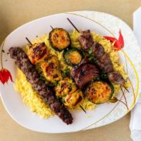 Mixed Grilled Kabob · One skewer chicken, kufta and lamb served with grilled vegetables.
