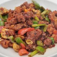408 Hot Wok Chili Chicken 干锅鸡 · Diced chicken wok fried with spicy chili bean sauce, blackened chilies, bell peppers, and mu...