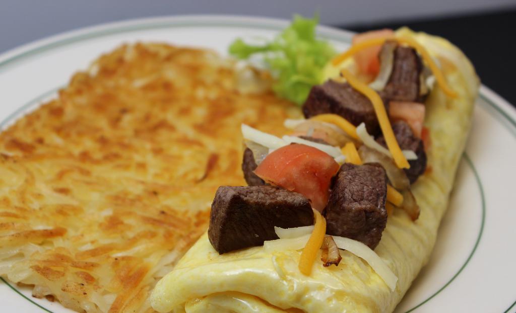 Steak Supreme Omelette · Sirloin steak mushrooms, onions, hash browns, pepper Jack cheese, topped with tomatoes. Served with salsa and sour cream.