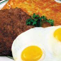 Hamburger Steak & Eggs · 10 oz. ground chuck medium well done served with 2 eggs, hash browns, and toast.