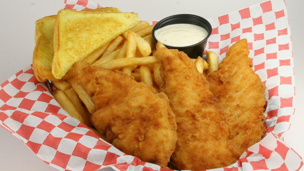 Chicken Strip Basket · Tender juicy breaded chicken strips. Choose our signature BBQ sauce or ranch dressing.