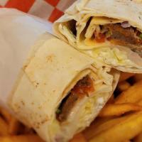 Gyro · Thinly sliced seasoned ground lamb & beef cooked rotisserie style rolled special bread with ...