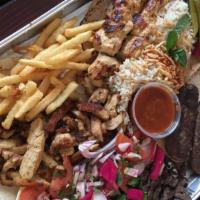 Meat Combo (2-4 People) · Shish tawook, shish kafta, chicken shawarma, beef shawarma, hummus, baba ganoush, fattoush s...