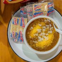 Our Famous Hot Chili - Pint · Our famous chili, made fresh daily, straight or with beans.  PLEASE be specific with topping...