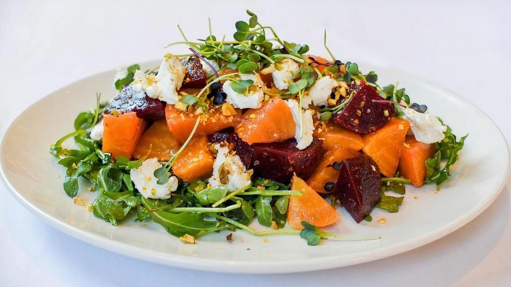 Beet Salad · marinated red & gold beets, goat cheese, pistachios, arugula, micro radish sprouts, champagne vinaigrette