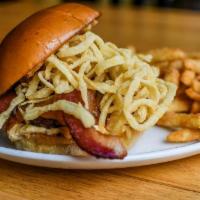 Blue Plate Deluxe Burger · beef patty, wisconsin cheddar, candied bacon, crispy onion strings, 10k lakes sauce