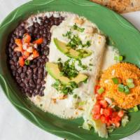 Cream Cheese Chicken Enchiladas · Grilled chicken & monterey jack cheese rolled inside two flour tortillas covered with white ...