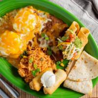 Chiquito Sampler · Two machaca beef taquitos, two chicken flautas, beef nachos, small chicken quesadilla, pico ...