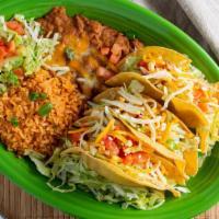 Deep Fried Tacos (3) · Crispy corn tortillas filled with choice of ground beef, machaca beef, or seasoned chicken, ...