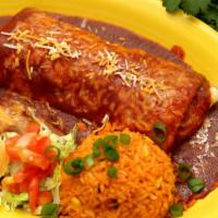 Nuevo Burrito · Choice of seasoned chicken, ground beef or machaca beef with refried beans, and cheese rolle...