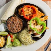 Grilled Chicken Fajita · Marinated grilled chicken breast, cheese, rice and beans. Served with flour tortillas.