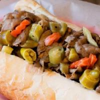 Italian Beef Sandwich · Hot or mild giardiniera peppers, and au jus.