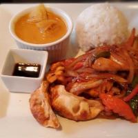 Chicken Cashew Nut · Fried chicken, bell pepper, onions, and sweet chili sauce. Add extra fried chicken, extra ca...
