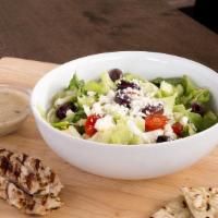 Greek Salad · A fresh blend of romaine and iceberg topped with tomatoes, cucumbers, onions, Kalamata olive...