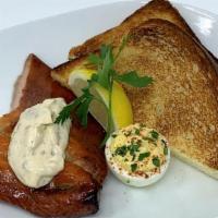 House Smoked Salmon · Deviled egg, brioche, and scallion tartar sauce.