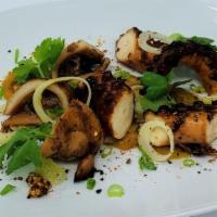 Teriyaki Octopus · Roasted sesame pineapple puree, spicy whole seed mustard, lime, and hearts of palm.