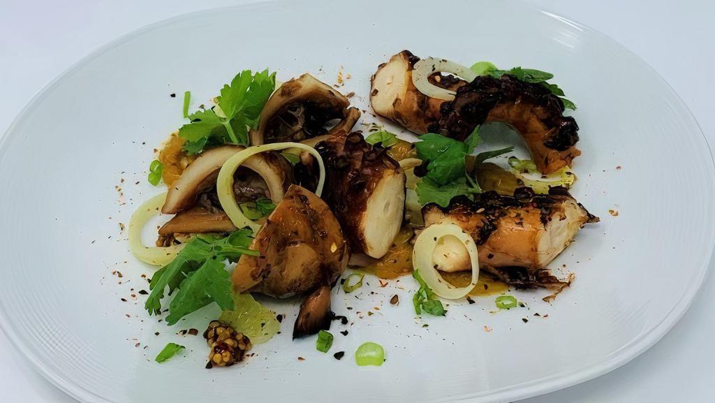 Teriyaki Octopus · Roasted sesame pineapple puree, spicy whole seed mustard, lime, and hearts of palm.