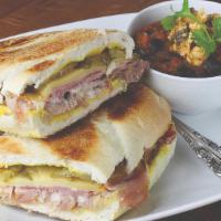 Gf Cuban Sandwich · Pork Confit, Sweet Garlic Pickles, Smoked Gouda, Mustard, Black Bean Stew
