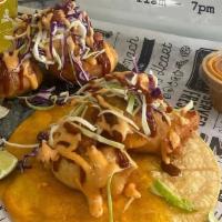 Taco · Tempura batter shrimp, chile de arbol mayo, tamarindo glaze, cabbage, onions, cilantro