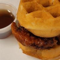 Mary'S Hot Waffle Chicken Sliders  · 3 Nashville Hot chicken sliders on Belgium style waffles served with a side of maple syrup