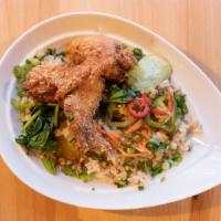 Sticky Wing Rice Bowl · Asian sticky wings, pickled vegetables, spinach, green Thai mayo.