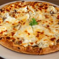 Mushroom And Truffle Pizza · Mushrooms, Ricotta, Mozzarella, Parmesan, Black Truffle Oil, Parmesan Cream