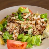 Italian Chicken Salad · Romaine, roasted red peppers, Fontinella cheese, tomatoes and black olives, Kalamata olives ...