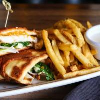 Chicken Flatbread Sandwich  · toasted flatbread crusted in cheddar cheese filled with grilled chicken, tart green apples, ...