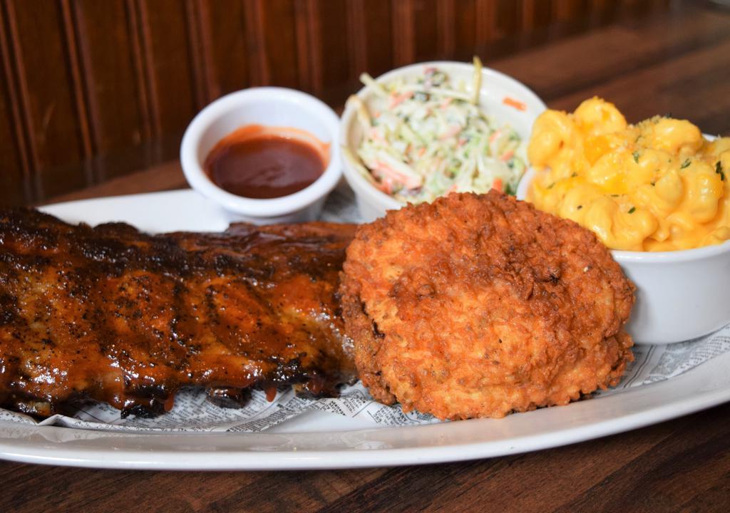 Baby Back + Fried Chicken Combo · Half rack of ribs and buttermilk fried chicken breast with house slaw and house-made mac 'n cheese