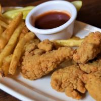 Kids Tenders · Chicken tenders served with a side of sour cream and chive fries and a side of house dressing.