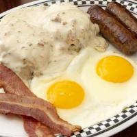Biscuits And Gravy Combo · (2) eggs, (2) biscuits, (2) bacon & (2) sausage.