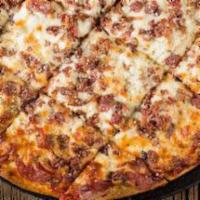 Meat Mania · Gourmet Italian sausage, meatball and pepperoni with bacon on top.