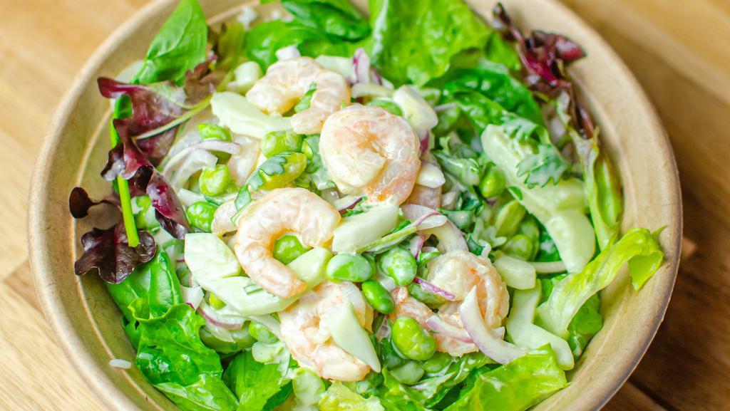 Wasabi Shrimp · Steamed shrimp, greens edamame, cucumber, cilantro, red onions, wasabi aioli.