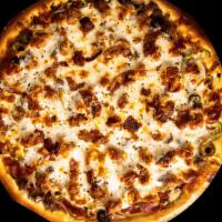 Monster Pizza · Sausage, pepperoni, ground beef bacon, mushroom, onion, green pepper, black and green olives...