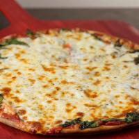 Spinach Classic Pizza · Pizza Sauce, Pizza Cheese, Garlic, Spinach and Tomato.