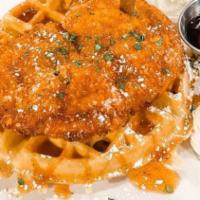 Fried Chicken & Waffle · Buttermilk fried chicken breast topped with crystal honey sauce and powdered sugar.