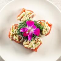 Sweetheart Roll · spicy tuna ,yellowtail,salmon,avocado and crunch topped with tuna and wasabi mayo