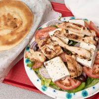 Large Greek Salad With Chicken · Char broiled chicken breast 8 oz.